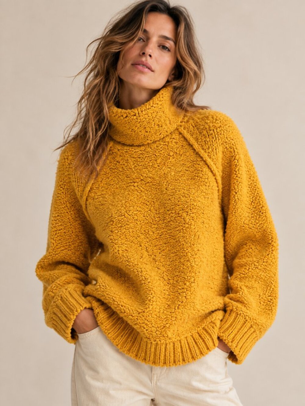 Anthropologie Moth Mustard Boucle Funnel Neck Cozy Sweater Small